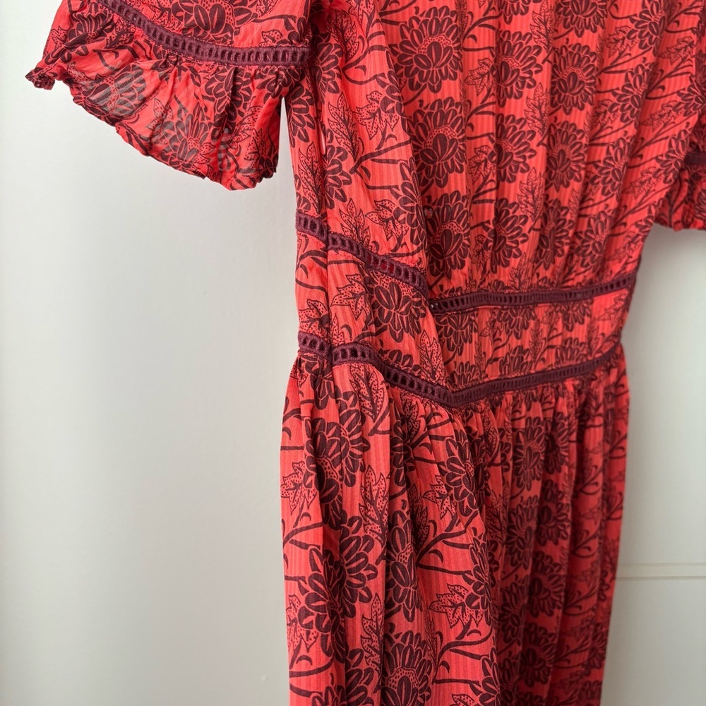 Scotch & Soda Red Floral Print Dress Tiered Ruffle Flutter Sleeve Size S - Picture 6 of 9